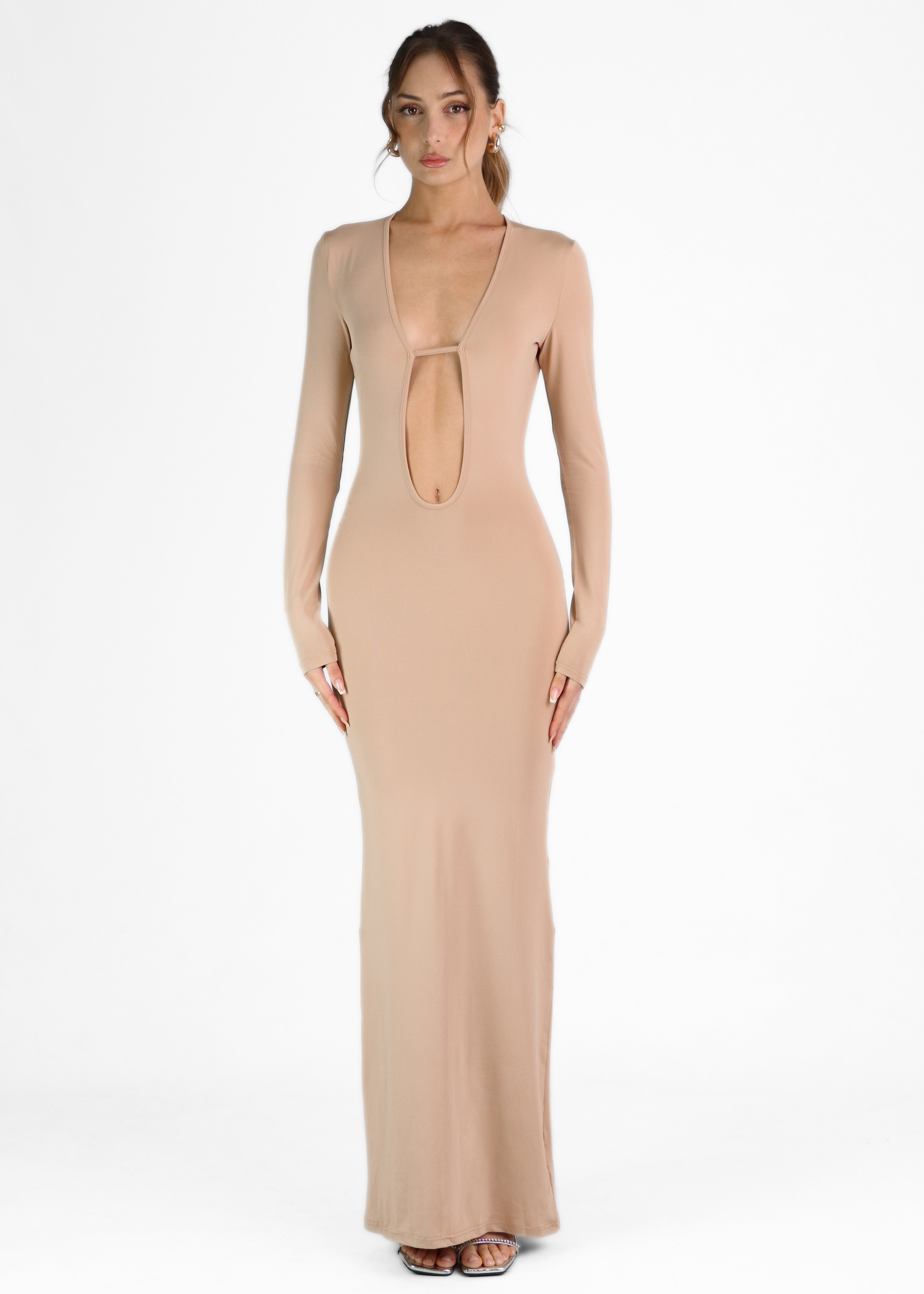 TARNA - vestito nude lungo con scollatura profonda