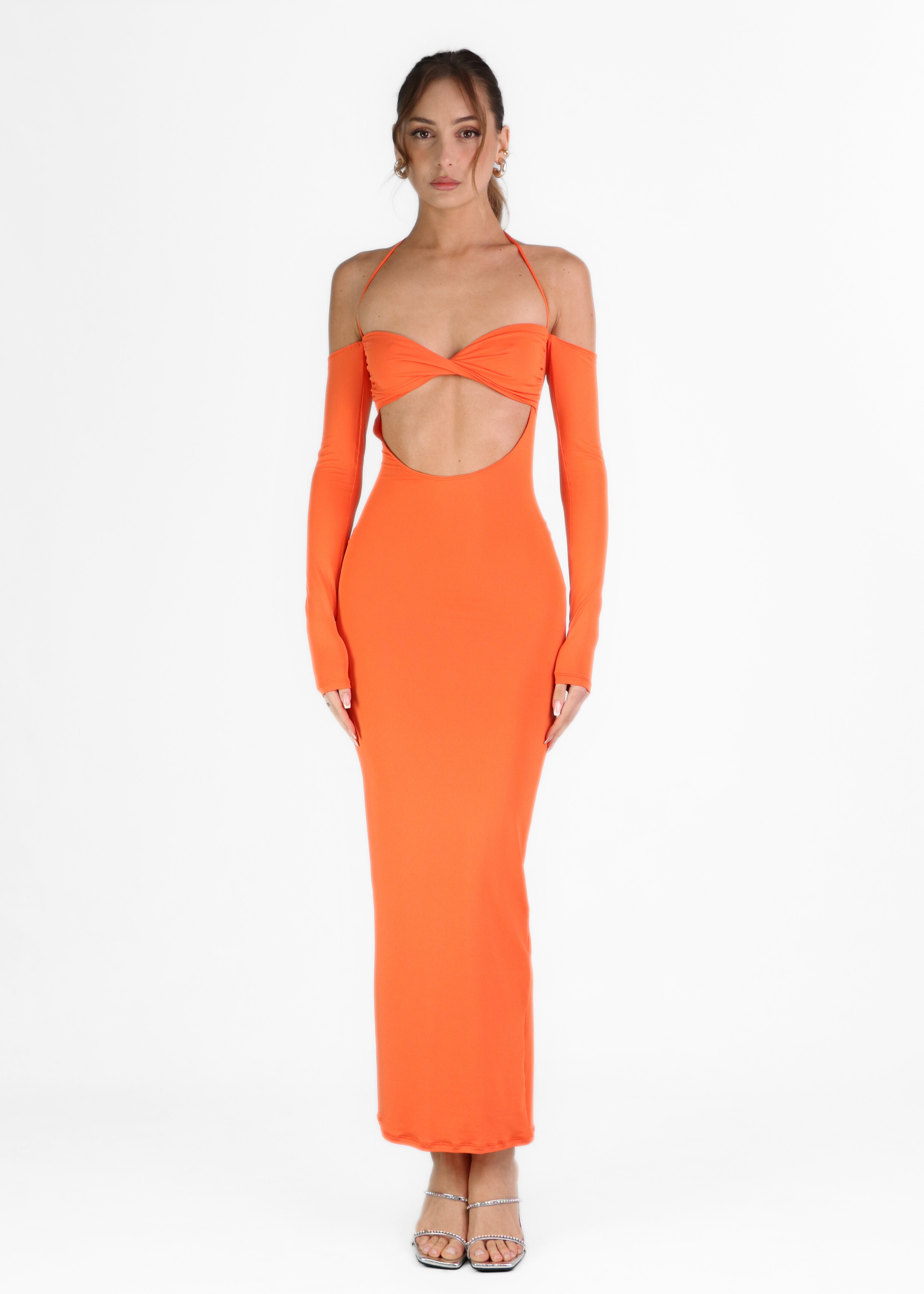 JEMIMA - vestito lungo arancione con spalle scoperte e cut out