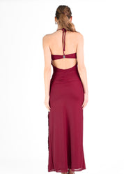 MISHY - vestito bordeaux lungo con scollo profondo e rouches