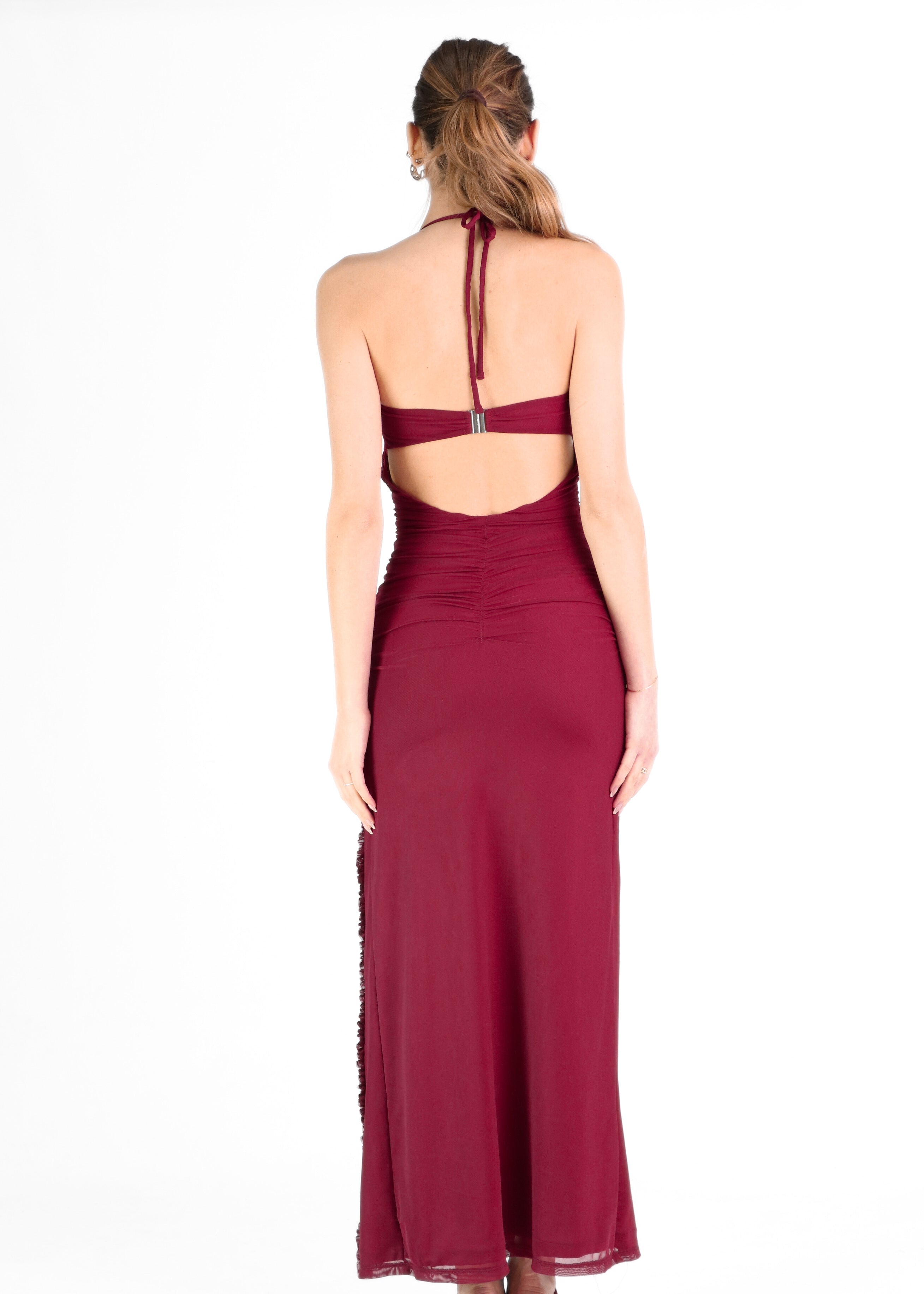 MISHY - vestito bordeaux lungo con scollo profondo e rouches