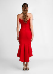 VENICE - vestito rosso midi con scollo con piume