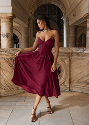 JADA - vestito midi a ruota burgundy con corpetto senza spalline