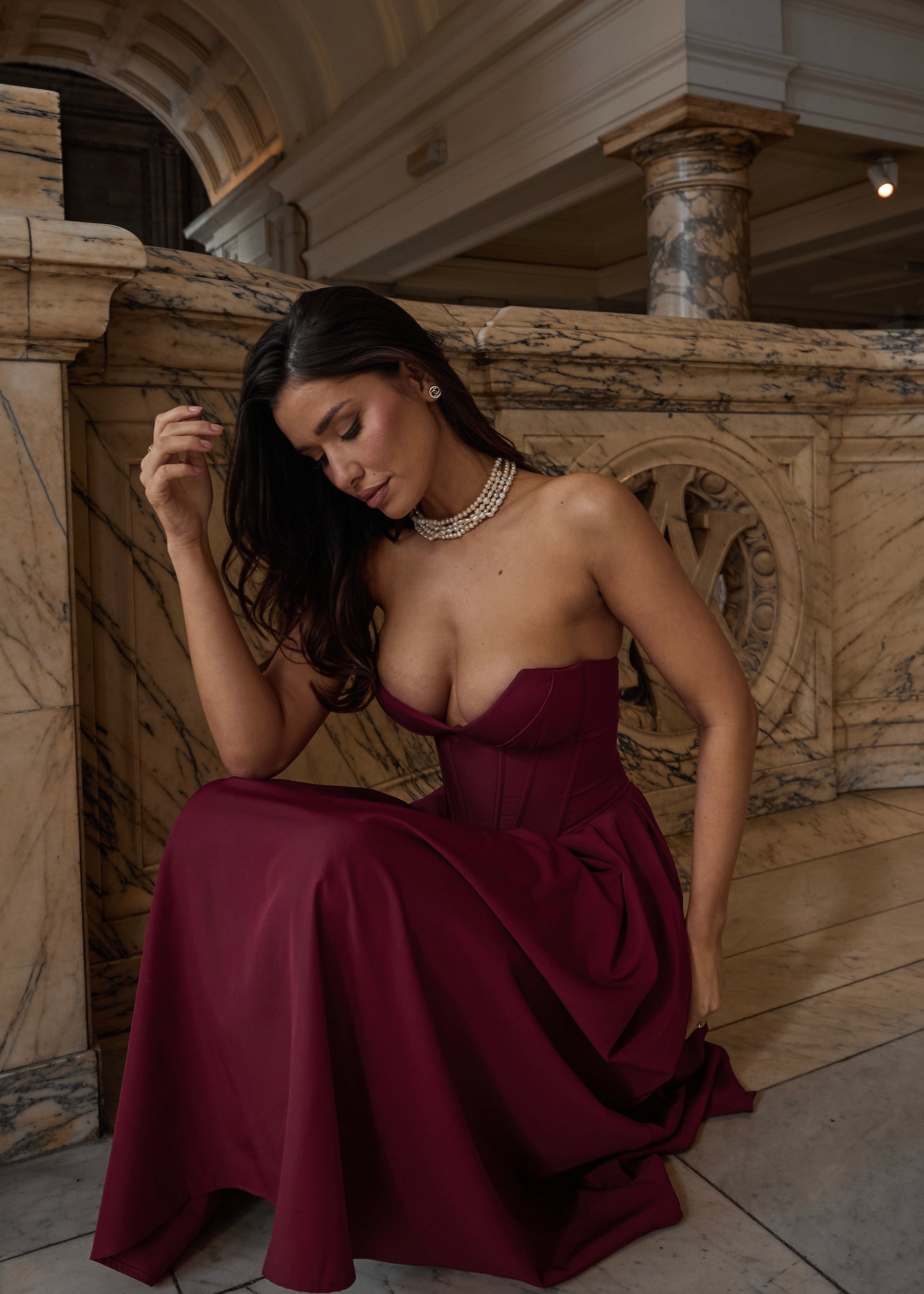 JADA vestito midi a ruota burgundy con corpetto senza spalline