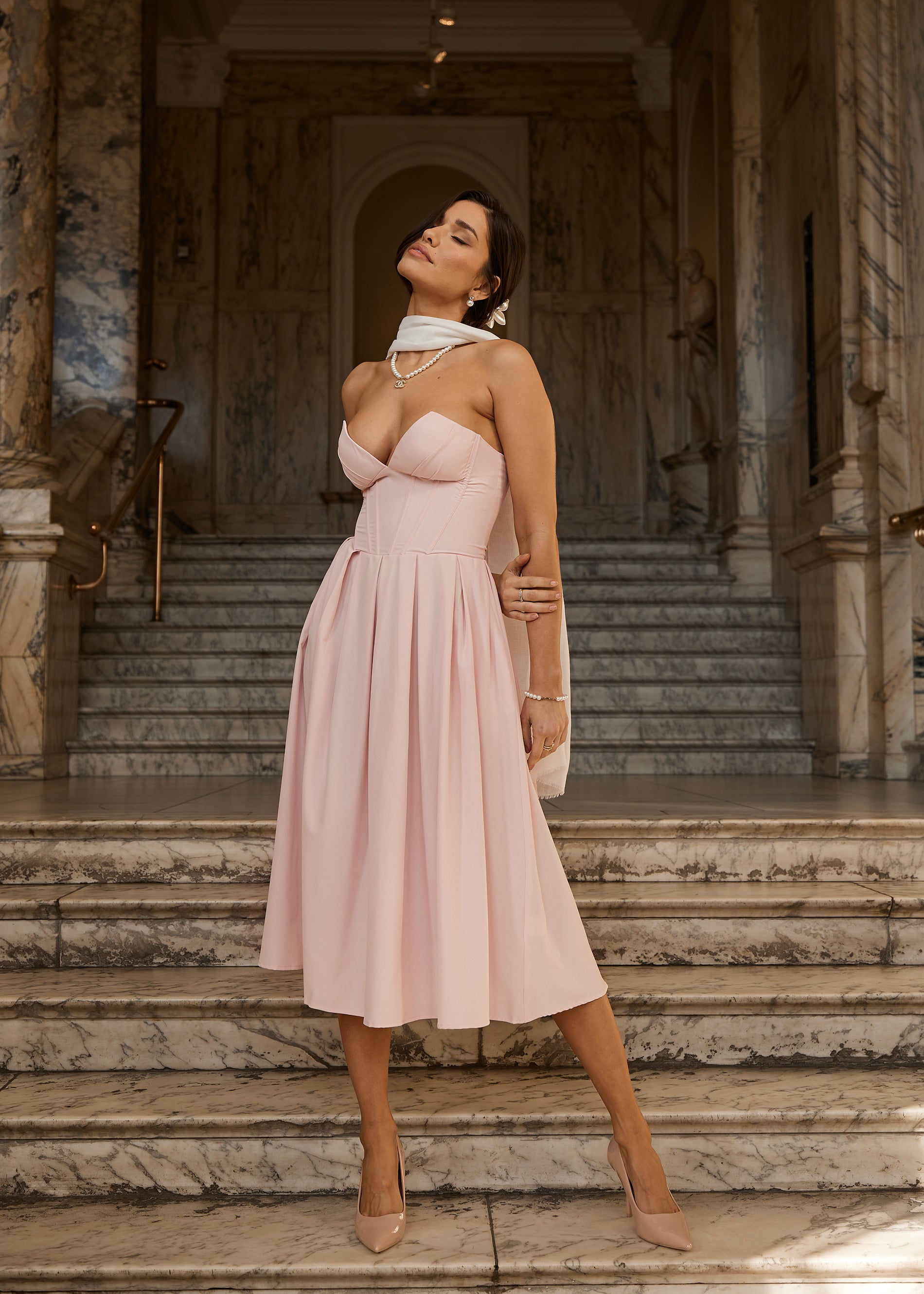 JADA - vestito midi a ruota rosa con corpetto senza spalline