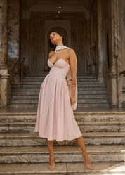 JADA - vestito midi a ruota rosa con corpetto senza spalline