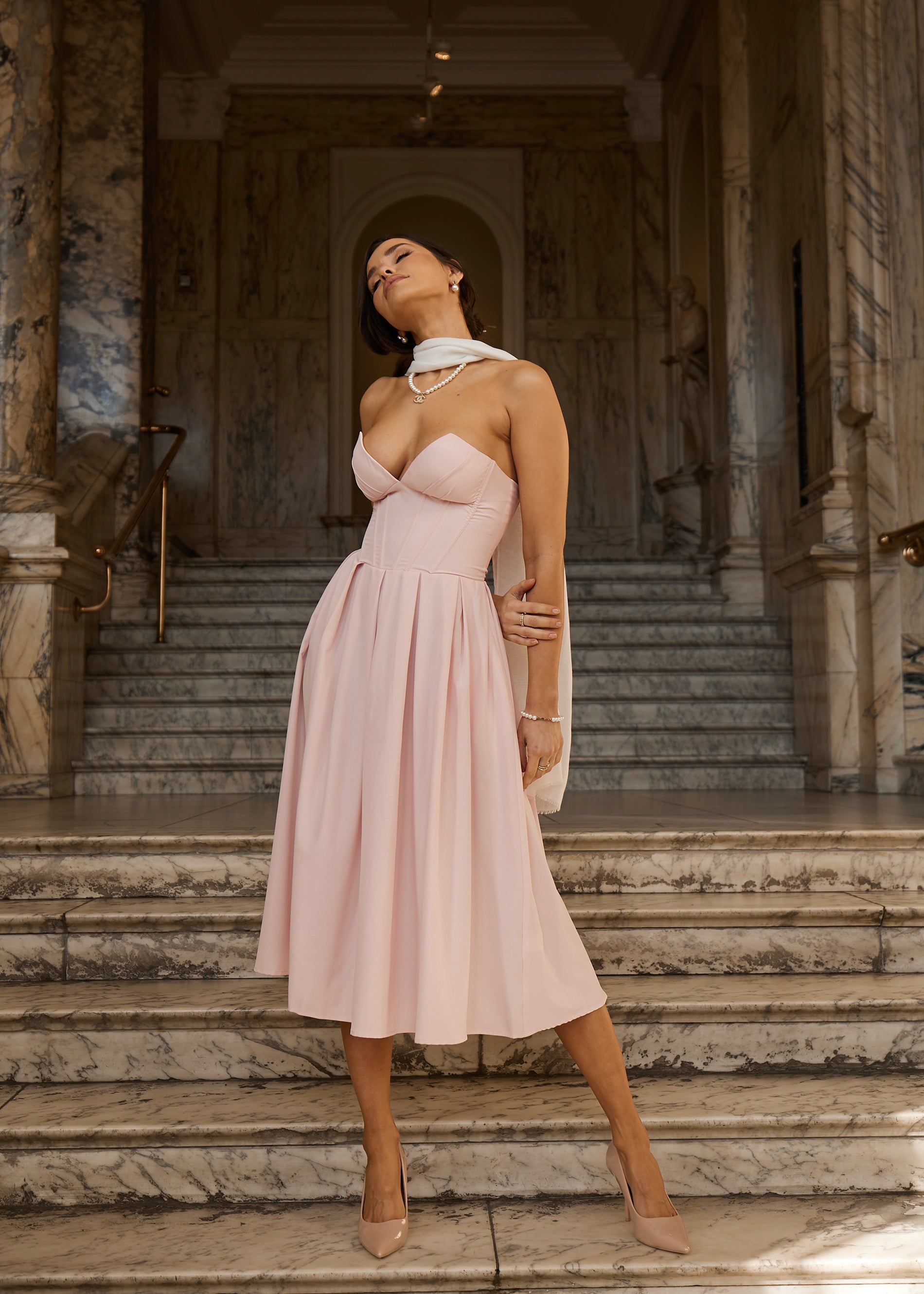 JADA - vestito midi a ruota rosa con corpetto senza spalline