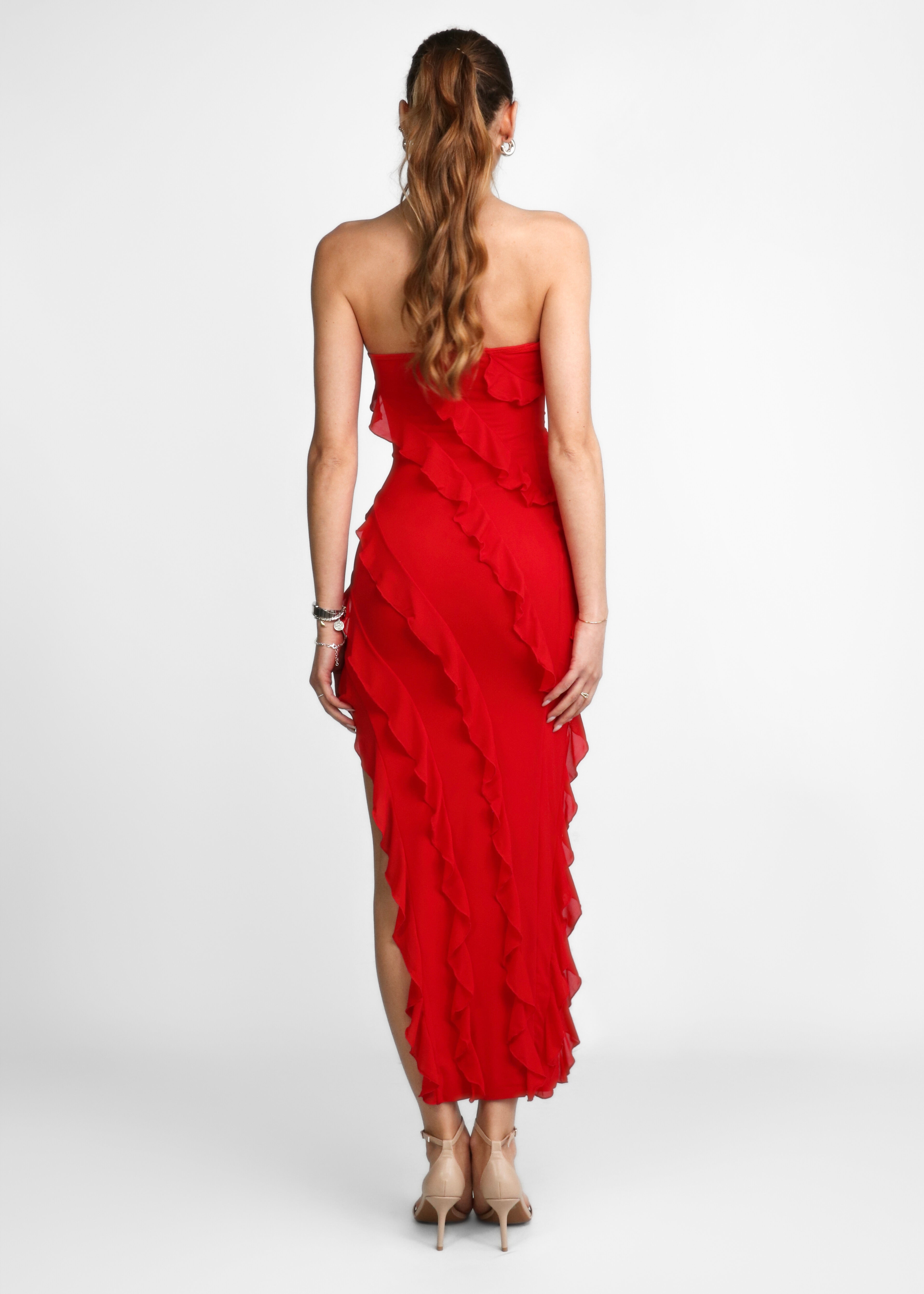 AMOUR - vestito rosso midi drappeggiato con spacco