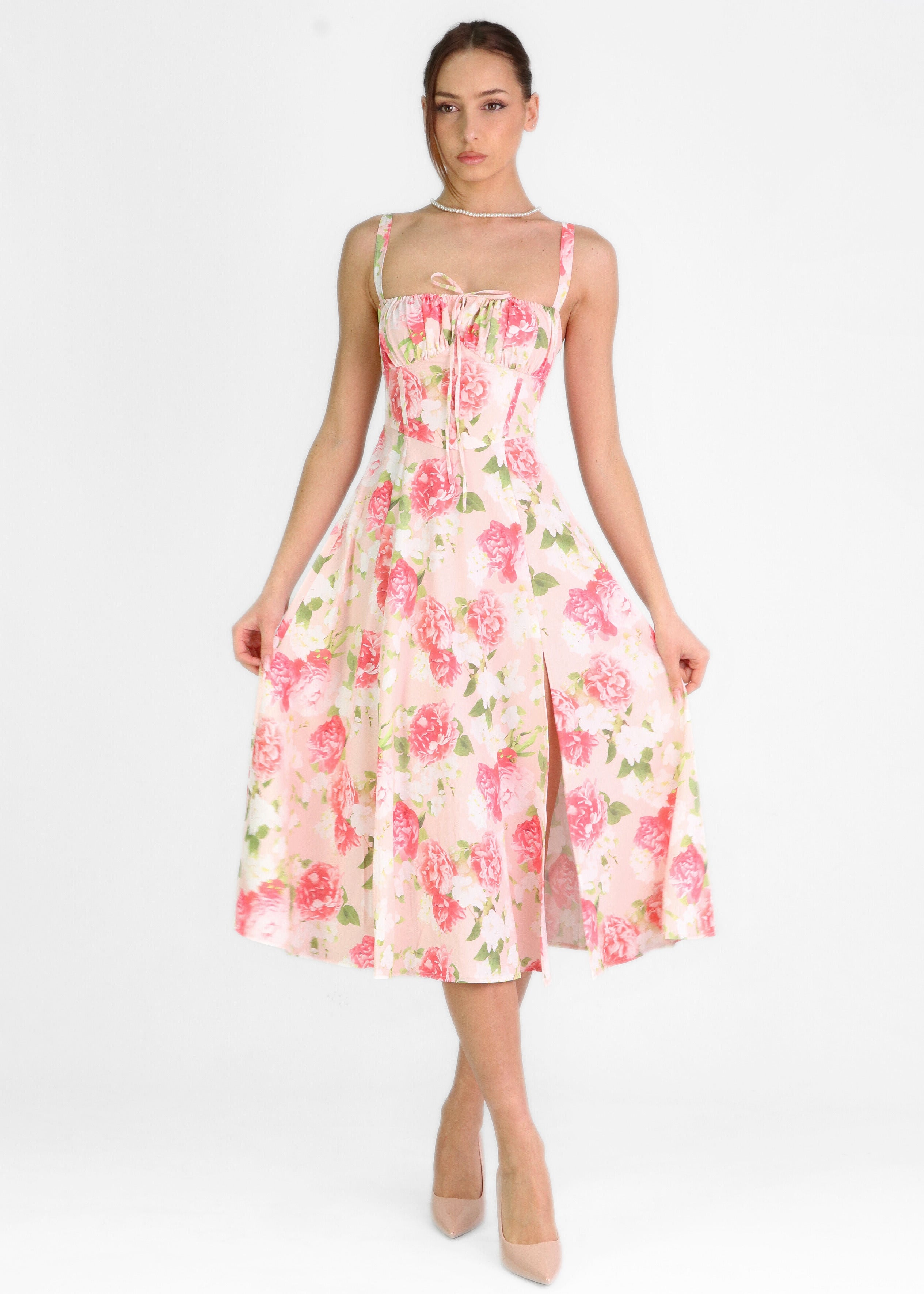 ORNELLA - vestito midi con fantasia peonie rosa/beige