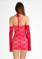 KYLA - vestito mini in pizzo rosso con lacci con rose in pizzo