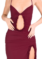 MISHY - vestito bordeaux lungo con scollo profondo e rouches