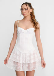 JULSEY - vestito corto in pizzo bianco con corpetto e gonna a balze