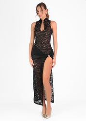 MELITA - vestito lungo con spacco in pizzo nero