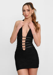 ALEXIS - vestito mini in pizzo nero con allacciature e scollo profondo