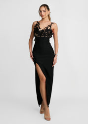 AMALFI - vestito lungo nero con applicazione fiori 3d