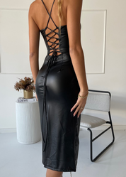 ASIA - vestito midi effetto pelle nera con scollo allacciato sulla schiena
