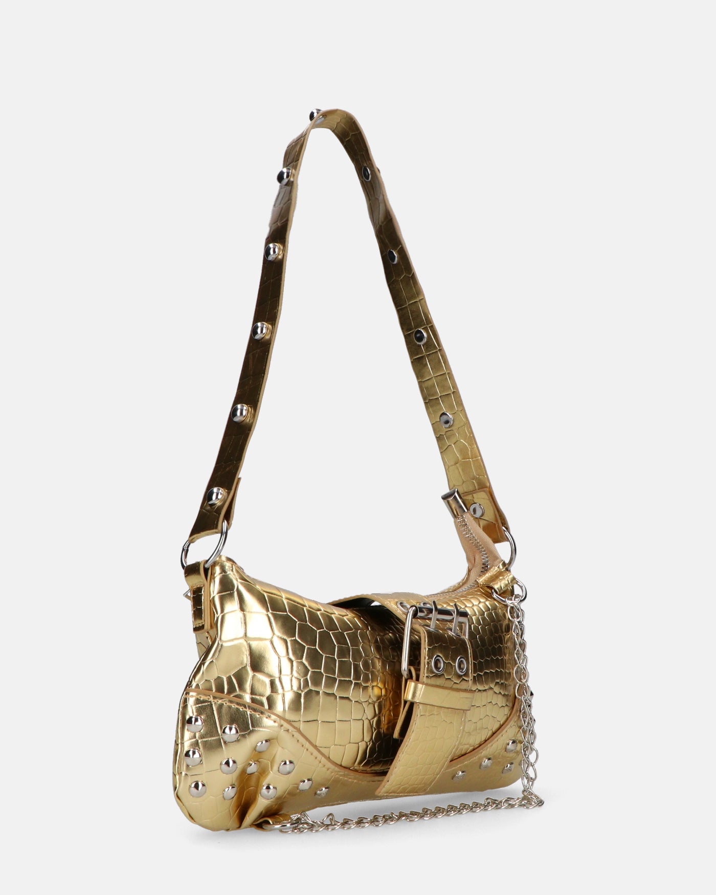 ABBEY - borsa a tracolla oro glassy con borchie argento e trama coccodrillo