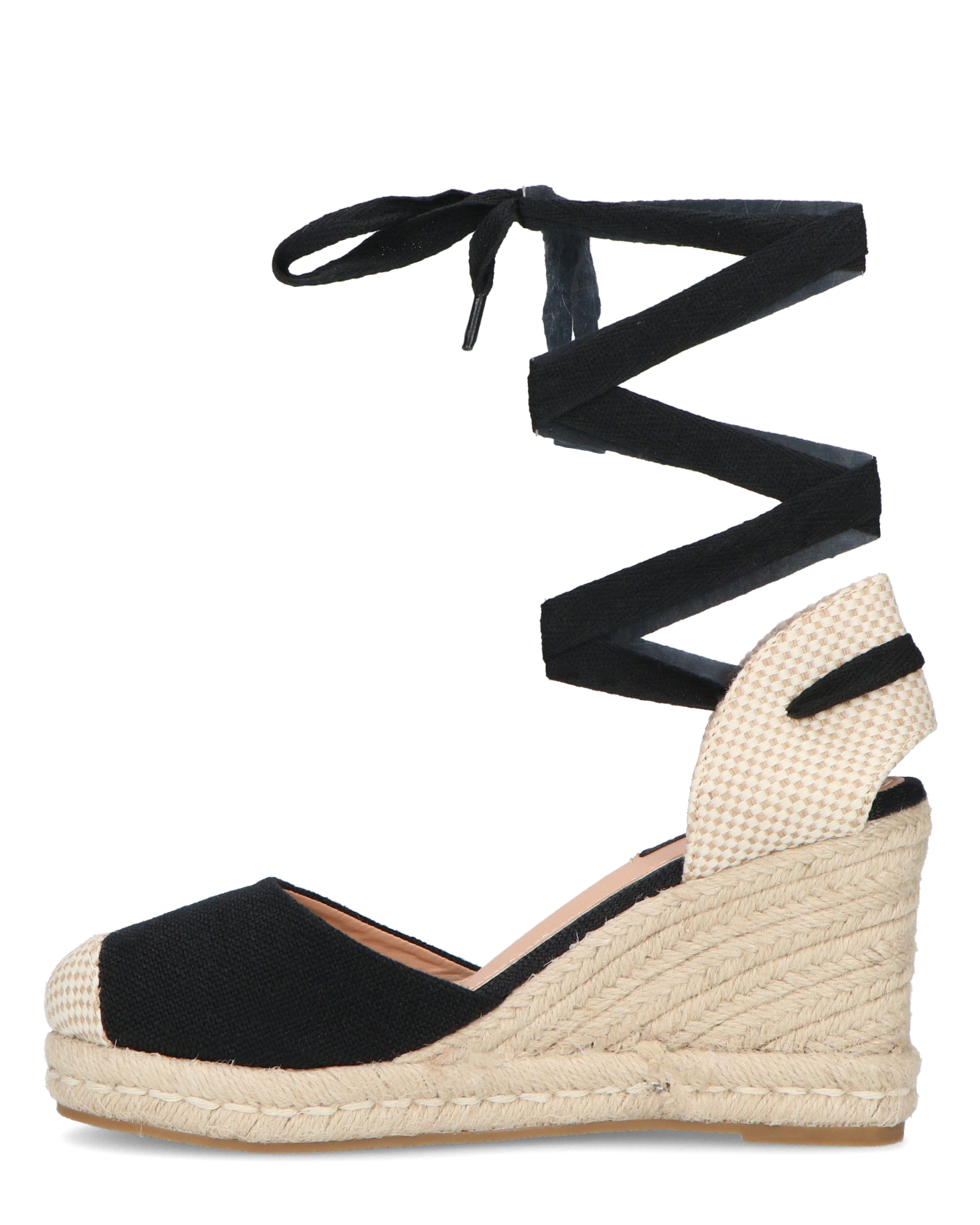 ALMA - zeppe platform in paglia con lacci in tessuto neri