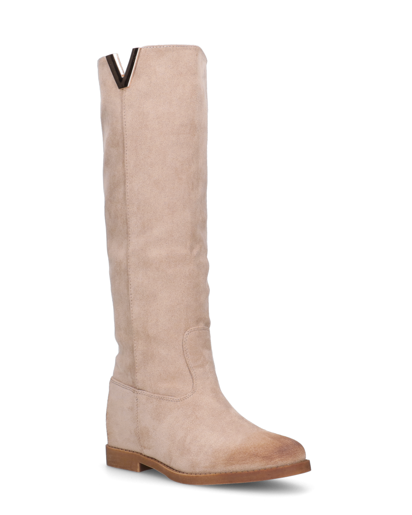 ANTEA - stivali alti in camoscio beige con zeppa interna ed effetto vintage su tallone e punta