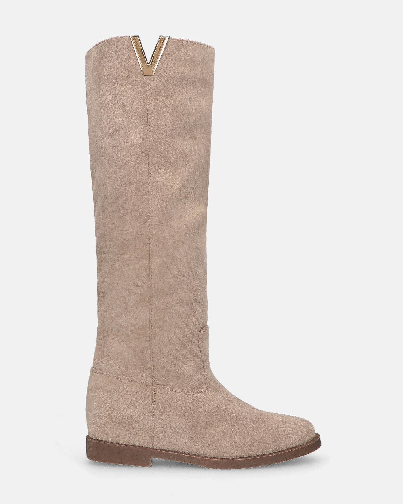 ANTEA stivali alti in camoscio beige con zeppa interna e profilo in oro