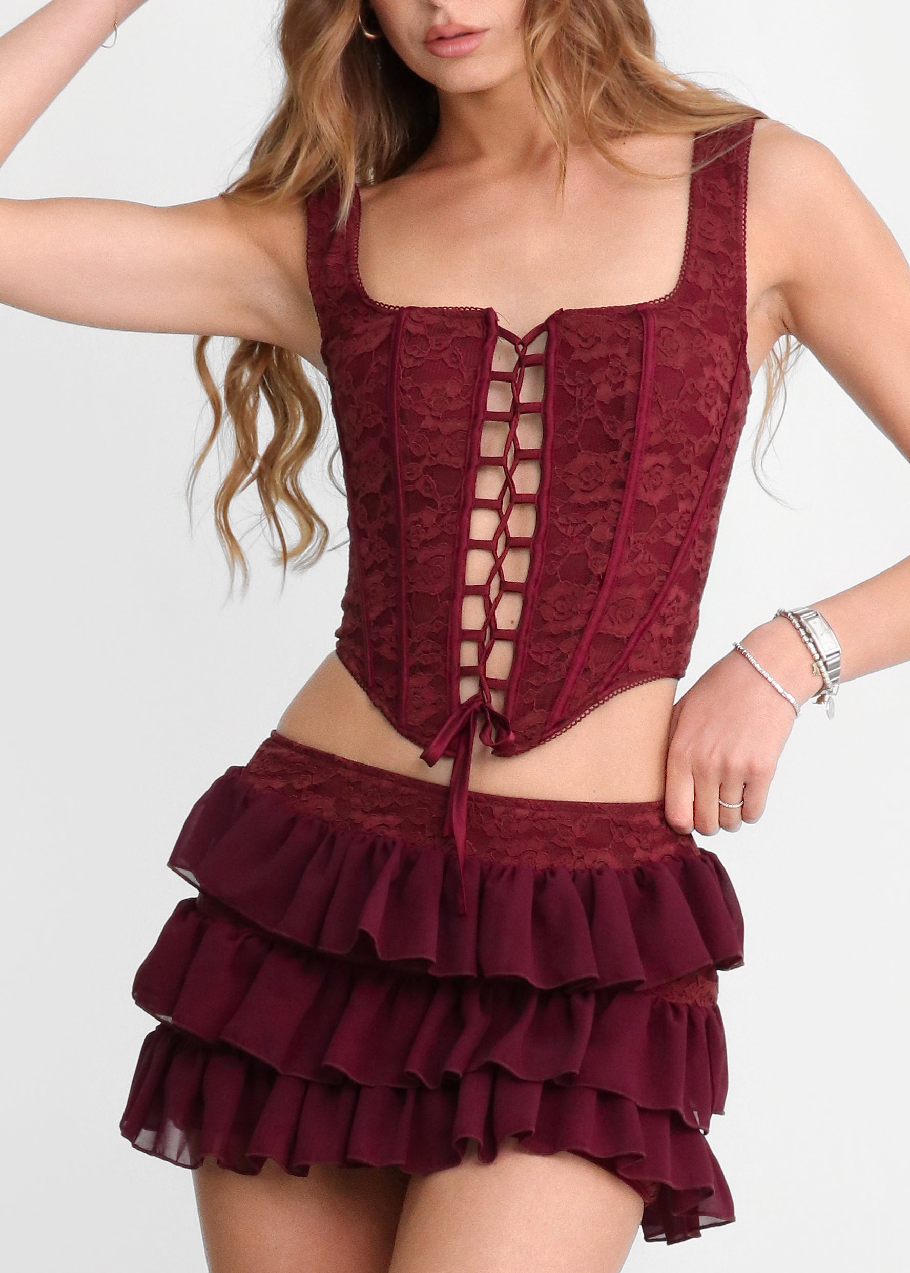 BREEZE - set co-ord gonna corta e corpetto in burgundy