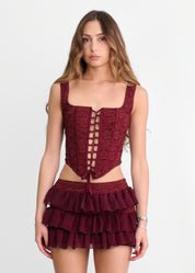BREEZE - set co-ord gonna corta e corpetto in burgundy