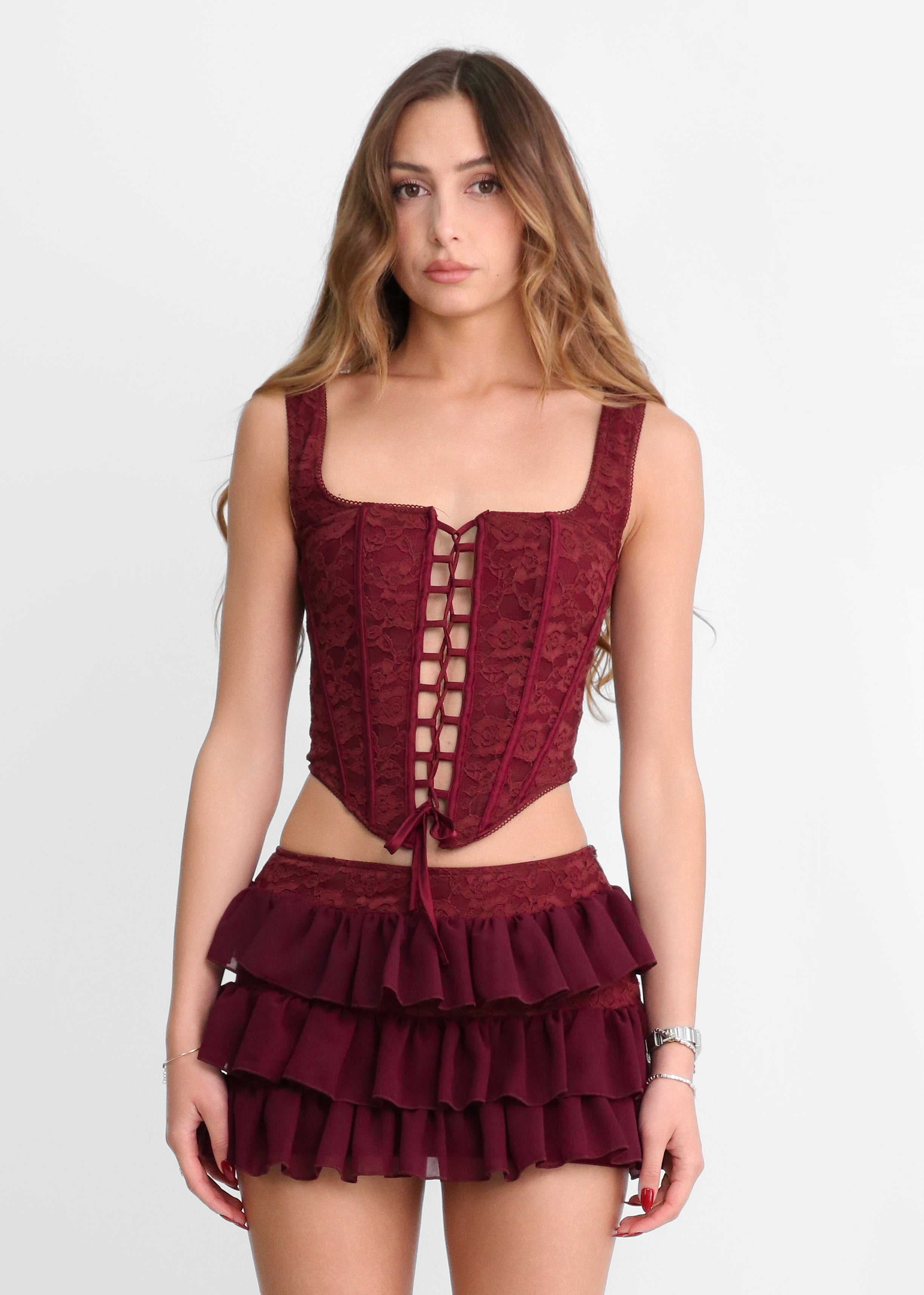 BREEZE - set co-ord gonna corta e corpetto in burgundy