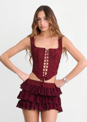 BREEZE - set co-ord gonna corta e corpetto in burgundy