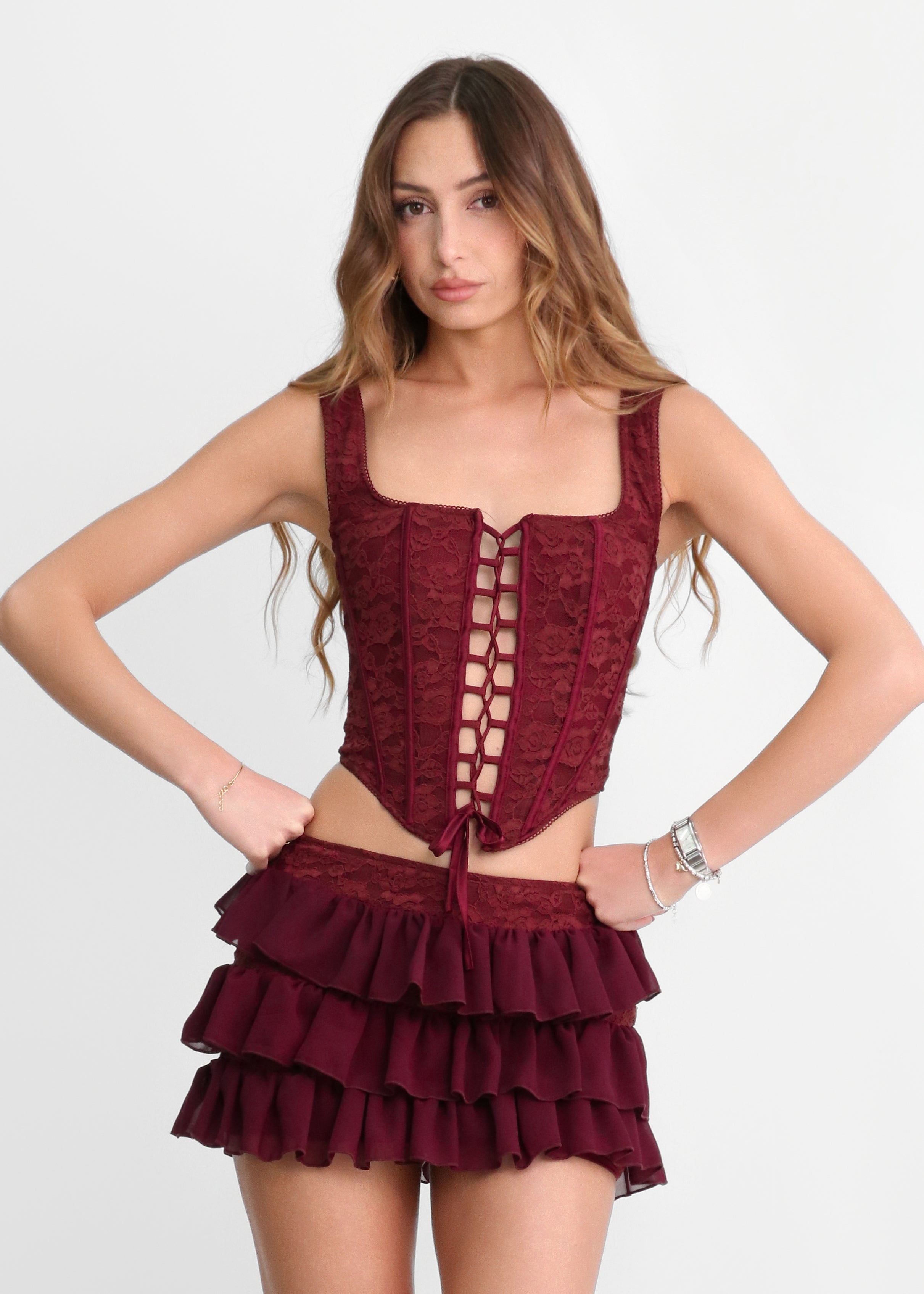 BREEZE - set co-ord gonna corta e corpetto in burgundy