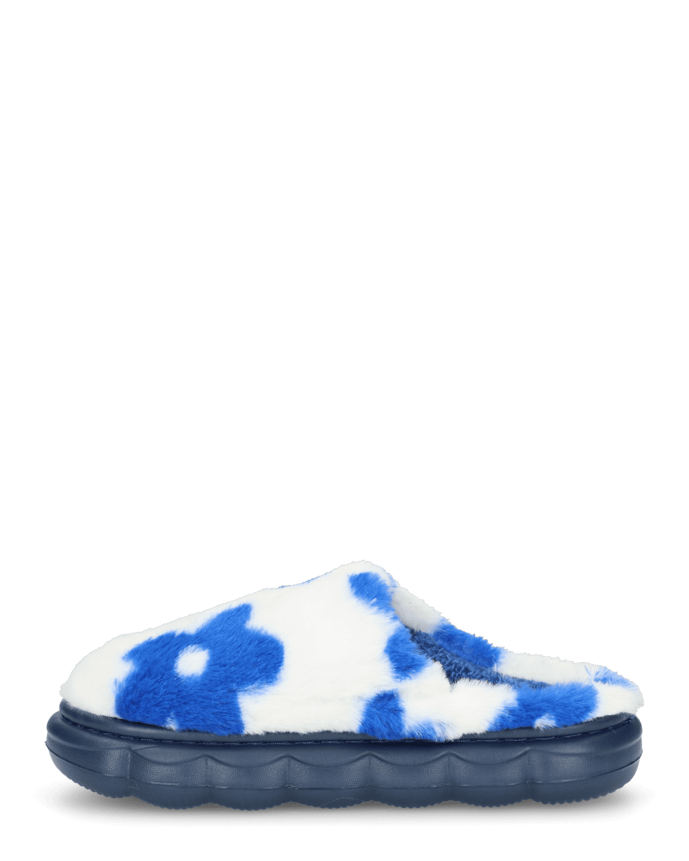 DAISY - pantofole platform in finta pelliccia con fiori decorativi blu