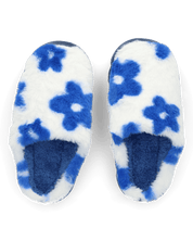 DAISY - pantofole platform in finta pelliccia con fiori decorativi blu