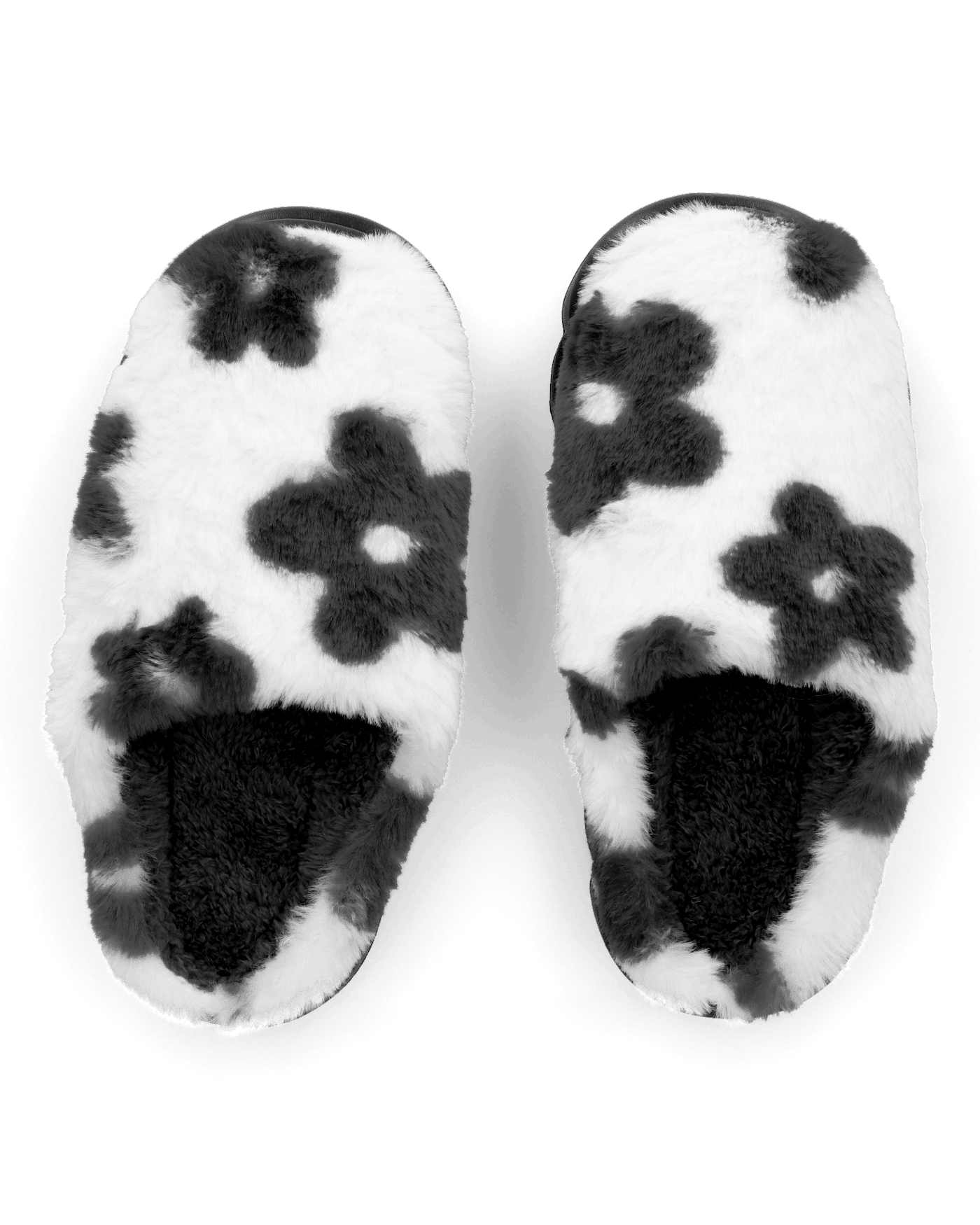 DAISY - pantofole platform in finta pelliccia con fiori decorativi neri