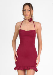 ESME - vestito mini bordeaux con choker fiore