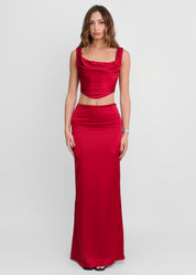 FLAME - set co-ord gonna lunga e corpetto in satin rosso scuro