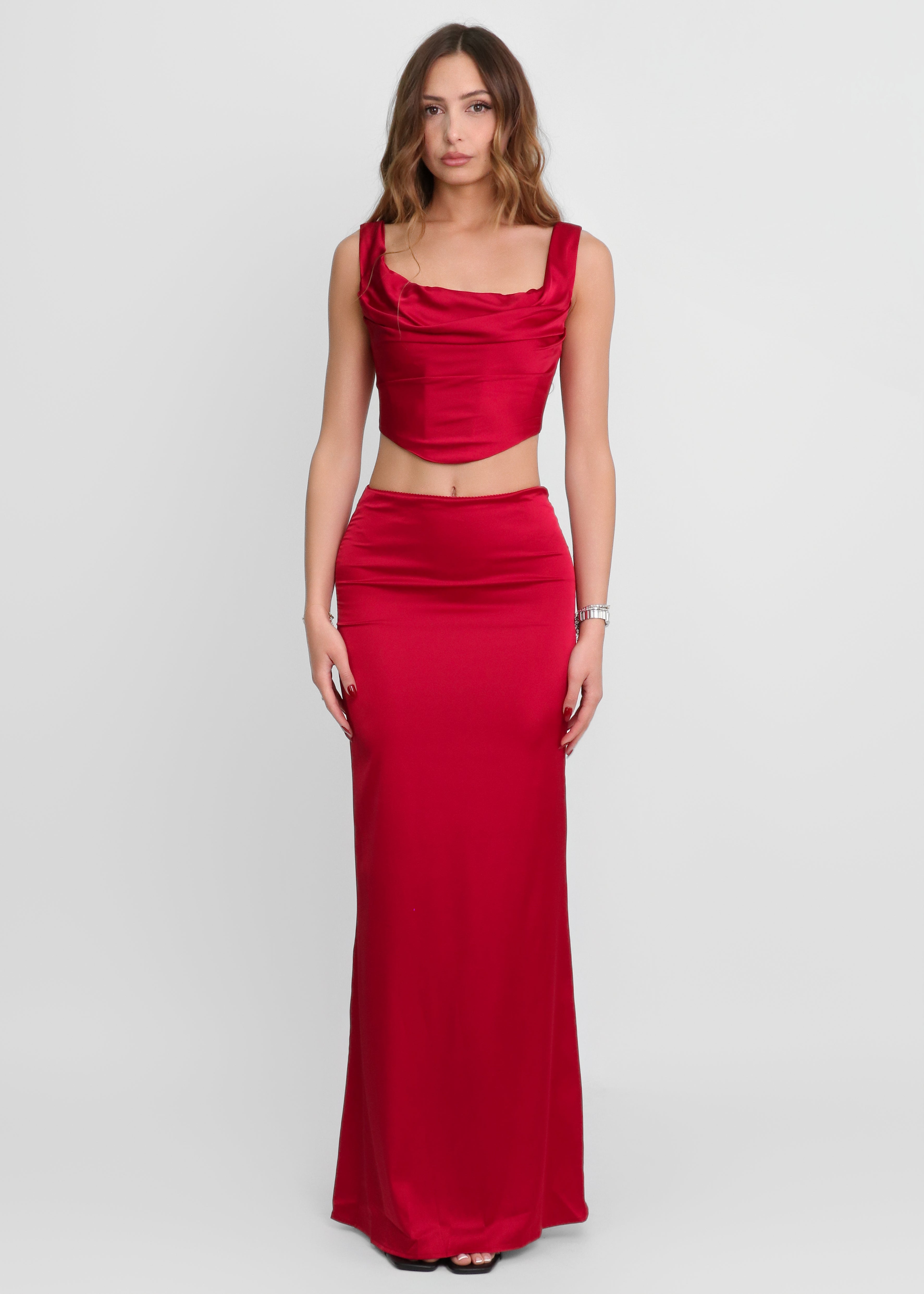 FLAME - set co-ord gonna lunga e corpetto in satin rosso scuro
