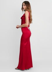 FLAME - set co-ord gonna lunga e corpetto in satin rosso scuro