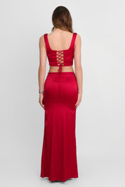 FLAME - set co-ord gonna lunga e corpetto in satin rosso scuro