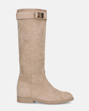 LILITH - stivali alti in camoscio beige con zip laterale con zeppa interna