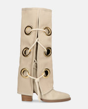 GEENA - stivali beige con risvolto in tessuto con asole in metallo