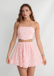 LILIA - set rosa minigonna a ruota con elastico e corpetto con dettaglio rose ad incrocio