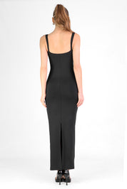 NETHY - tubino lungo nero con scollo effetto corpetto in pizzo nero