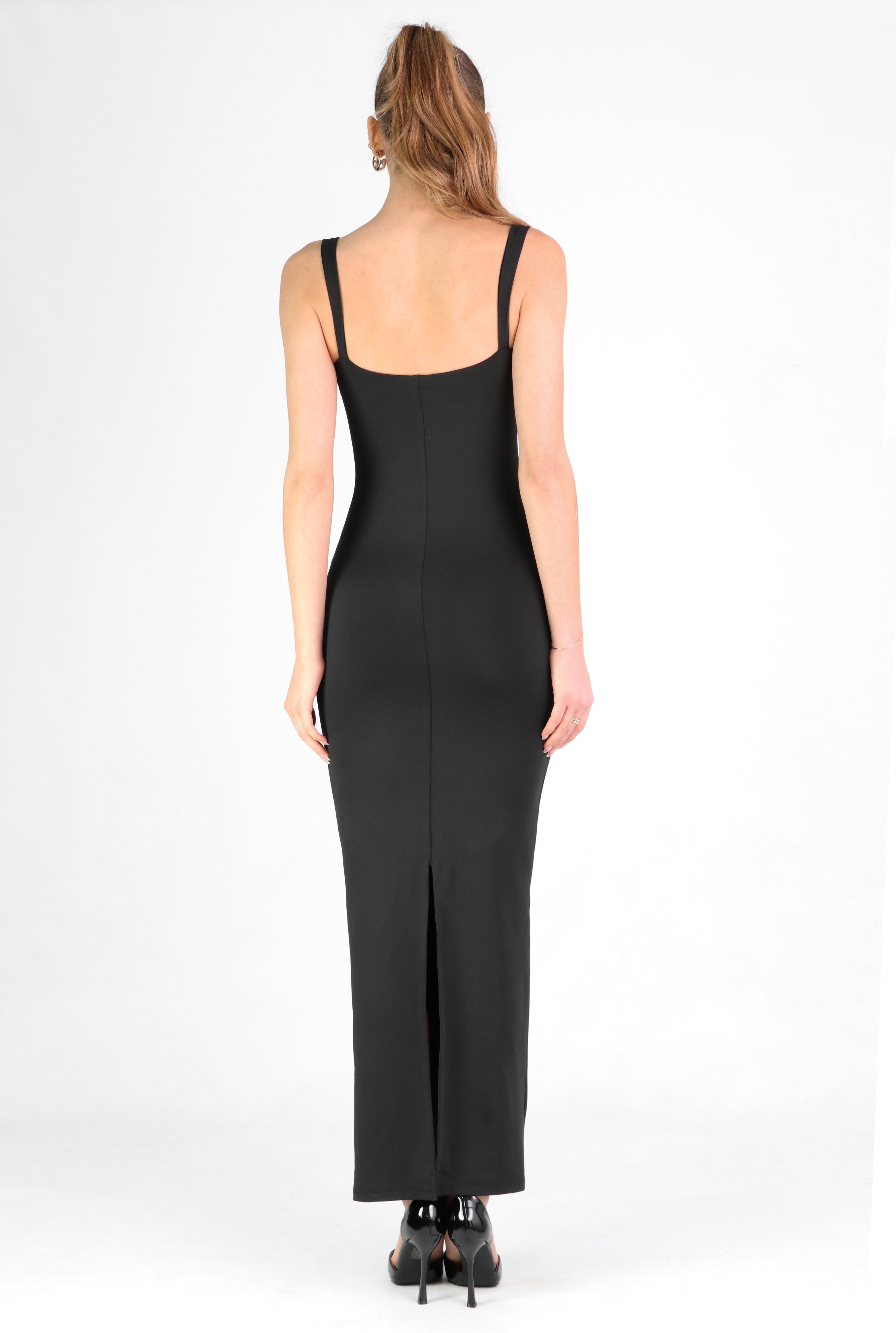 NETHY - tubino lungo nero con scollo effetto corpetto in pizzo nero