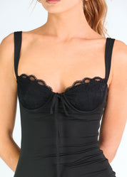 NETHY - tubino lungo nero con scollo effetto corpetto in pizzo nero