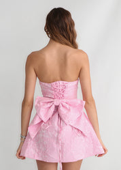 FLORIYA - vestito rosa jacquard con corpetto posteriore e fiocco