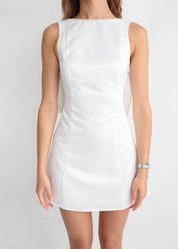 THALIE - mini dress bianco con scollo posteriore e fiocco svasato con perline