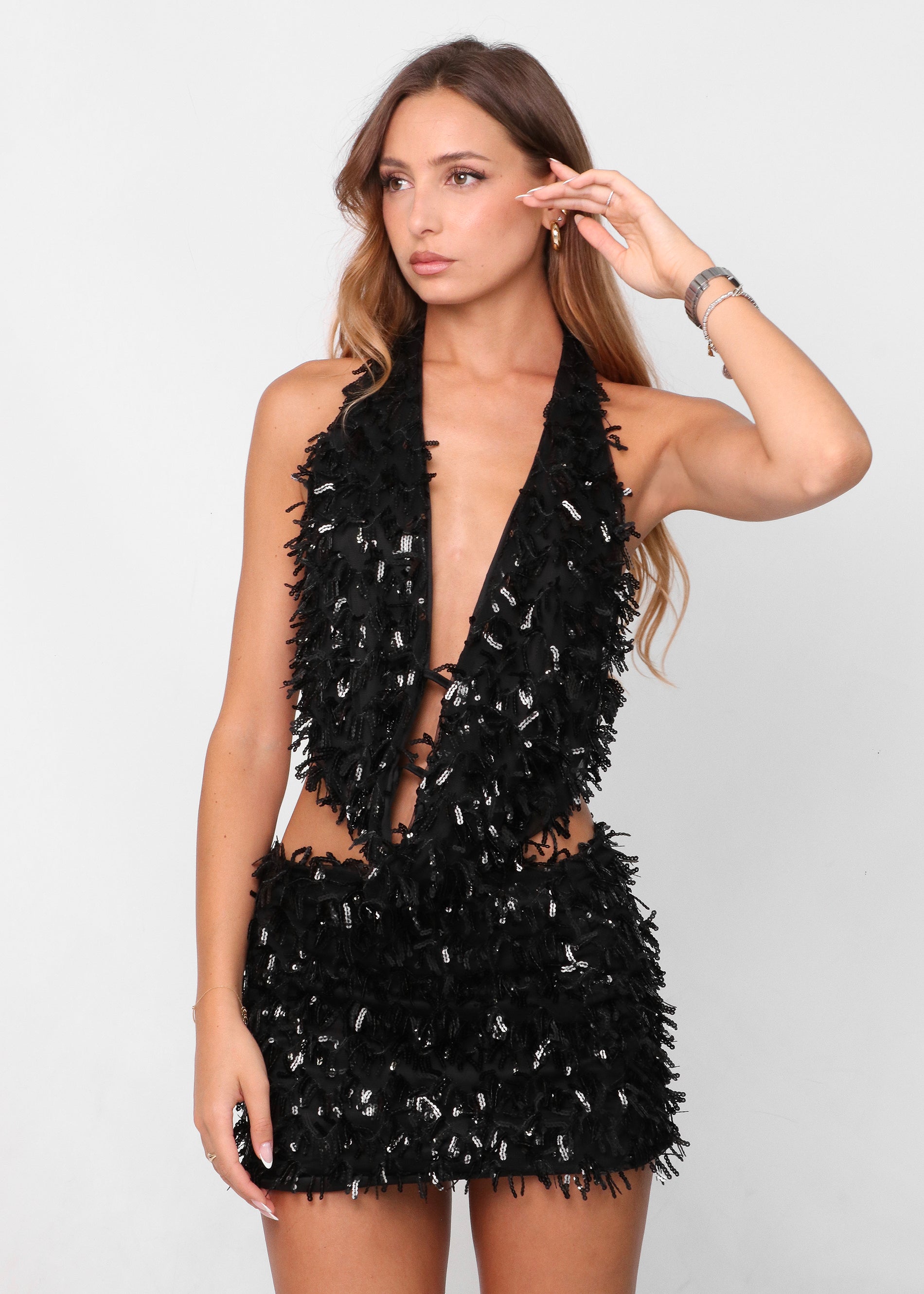 LOLA - set top + gonna in paillettes nere