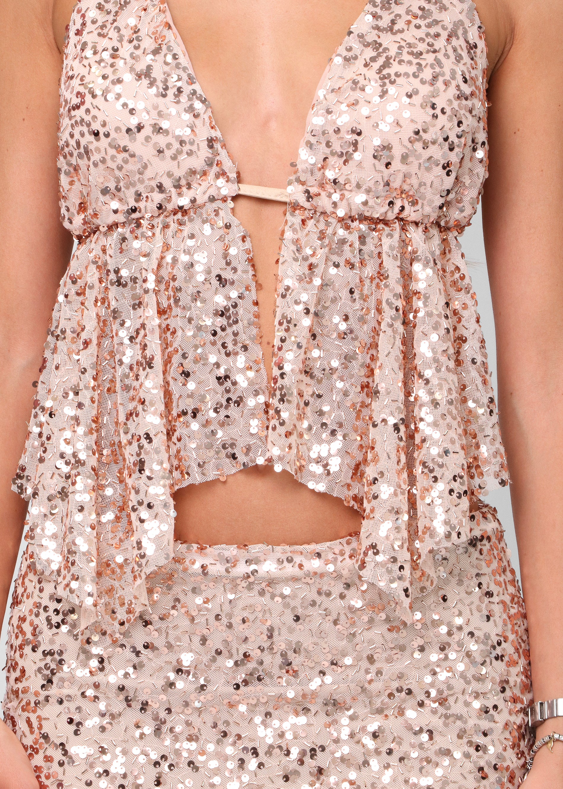 INES - set top + gonna in paillettes nude