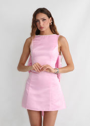 THALIE - mini dress rosa con scollo posteriore e fiocco svasato con perline