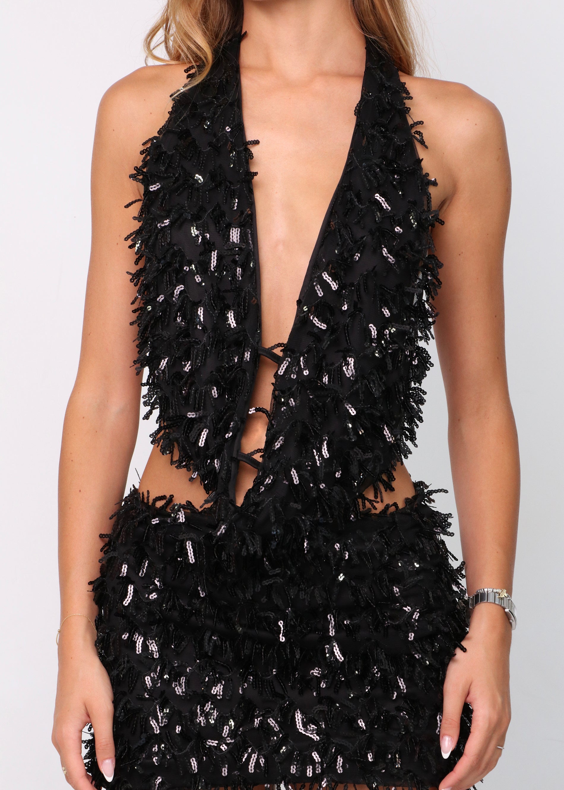 LOLA - set top + gonna in paillettes nere