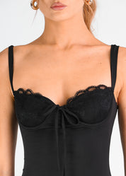 DARIA - vestito mini nero con scollo effetto corpetto in pizzo nero