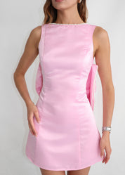 THALIE - mini dress rosa con scollo posteriore e fiocco svasato con perline